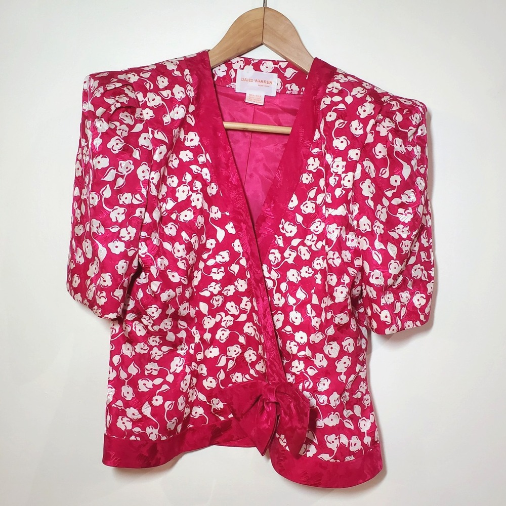 Vintage David Warren 100% Silk Wrap Blouse Hot Pink Floral Jacquard Size 6 Retro